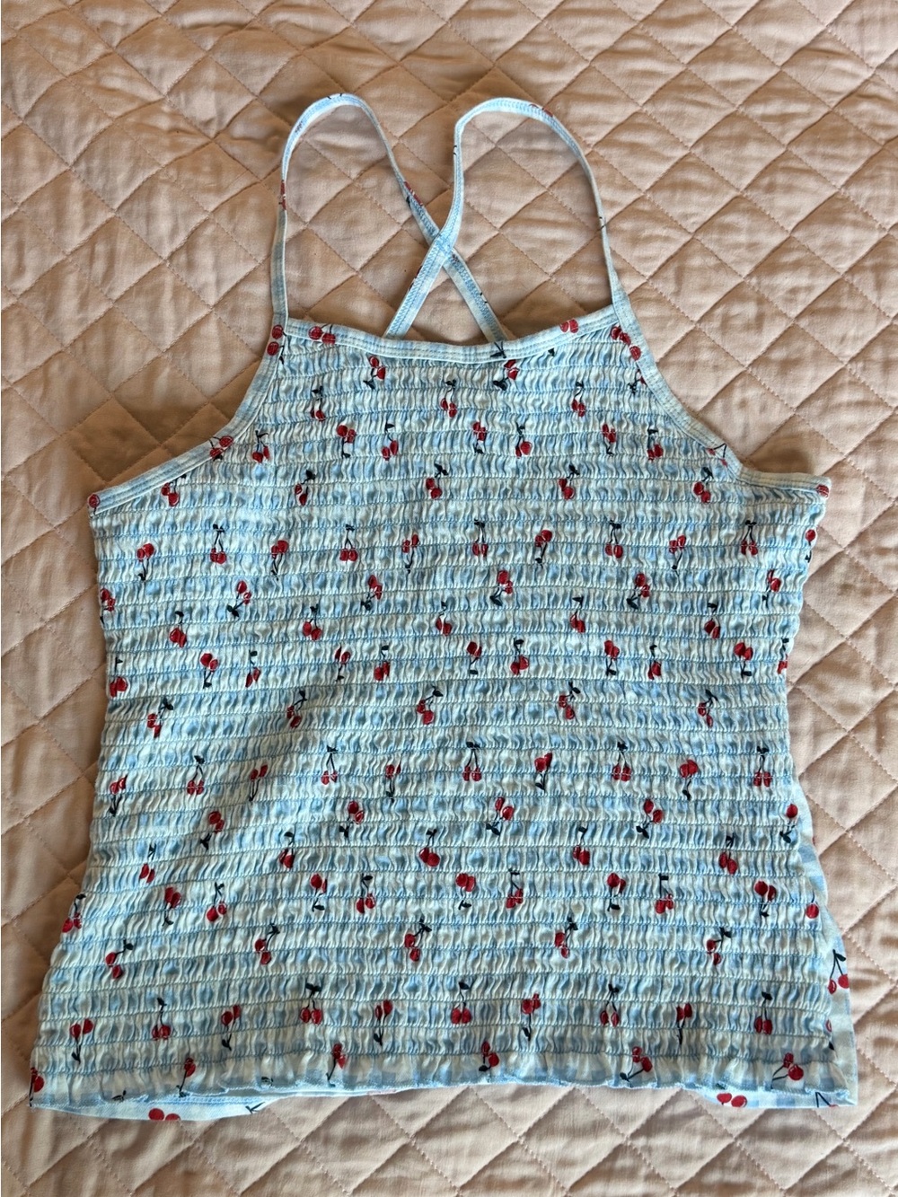 No Boundaries Light Blue Smocked Cherry Halter Cami
